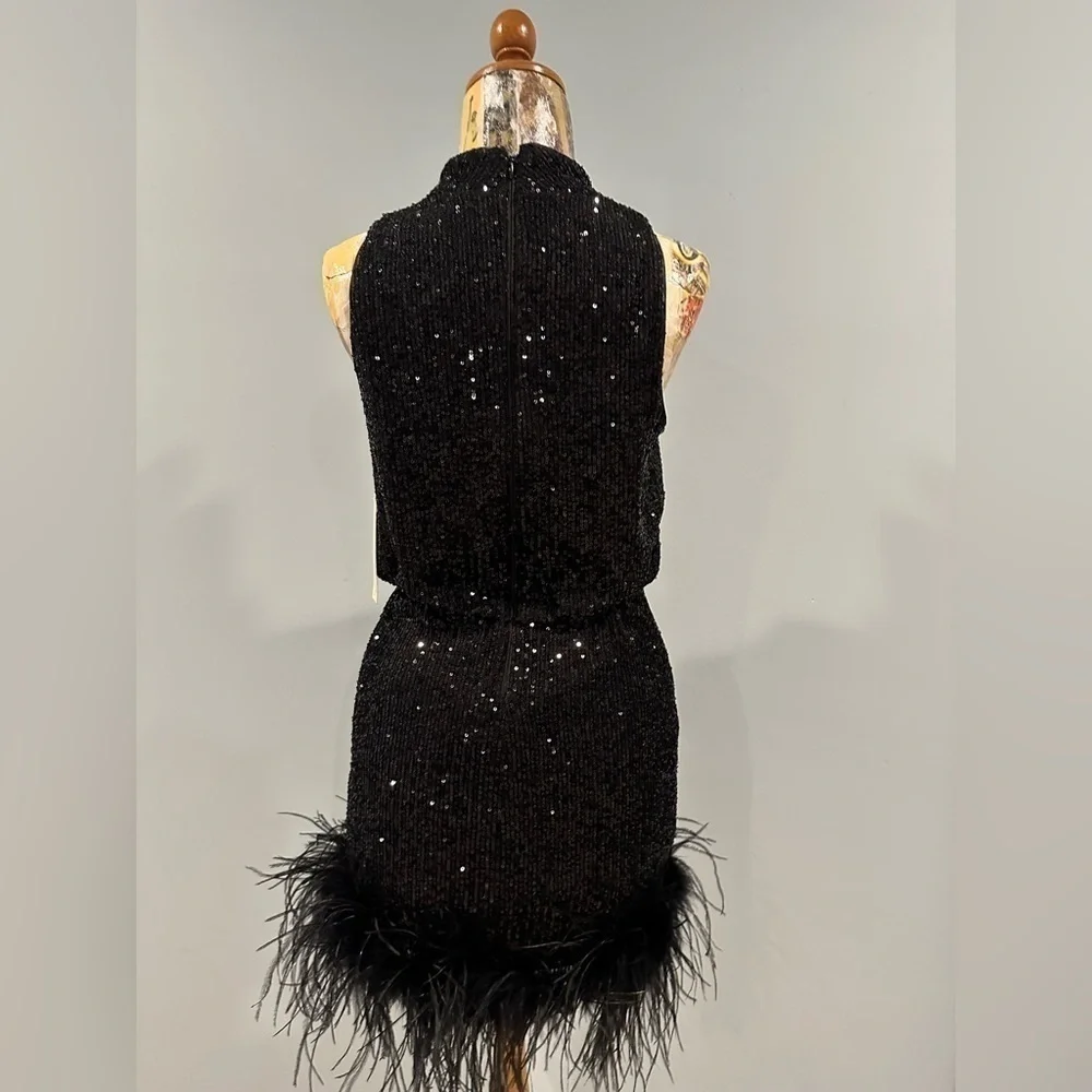 Eliza J Mock Neck Feather Hem Blouson Waist Sequin Sleeveless dress black 8P NWT - Picture 3 of 13